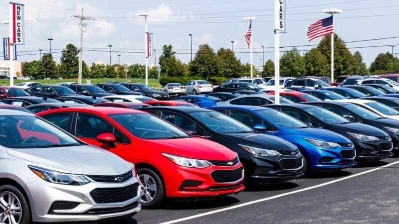 Chevrolet Automobile Dealership with American flag. Chevy is a Division of General Motors