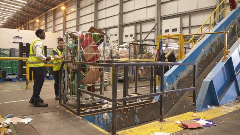 Warehouse staff with a roll cage of cardboard for recycling