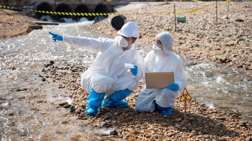 Biologist wear protective suit and mask collects sample of waste water from industry, problem environment, Ecologist sample taken dead fish to inspection and save data to laptop computer, Toxic water