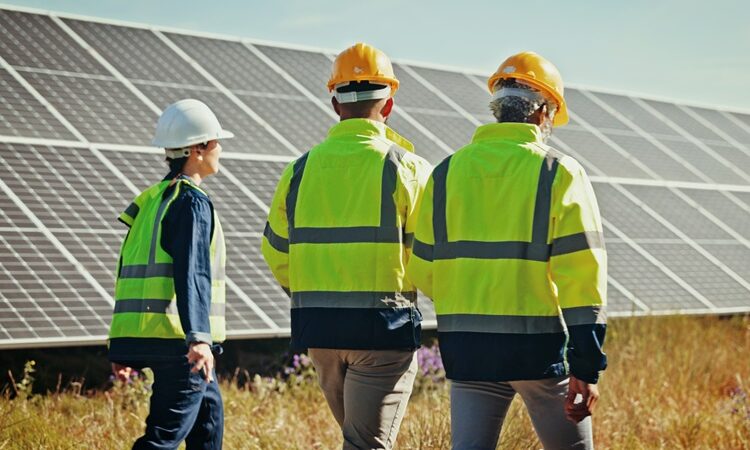Solar panel, walking and back with people, inspection and cooperation for renewable energy project. Group, climate change and employees in field, sustainability and eco friendly with quality control