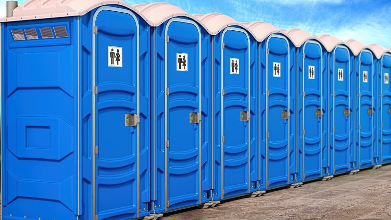 Portable plastic toilets in a row.